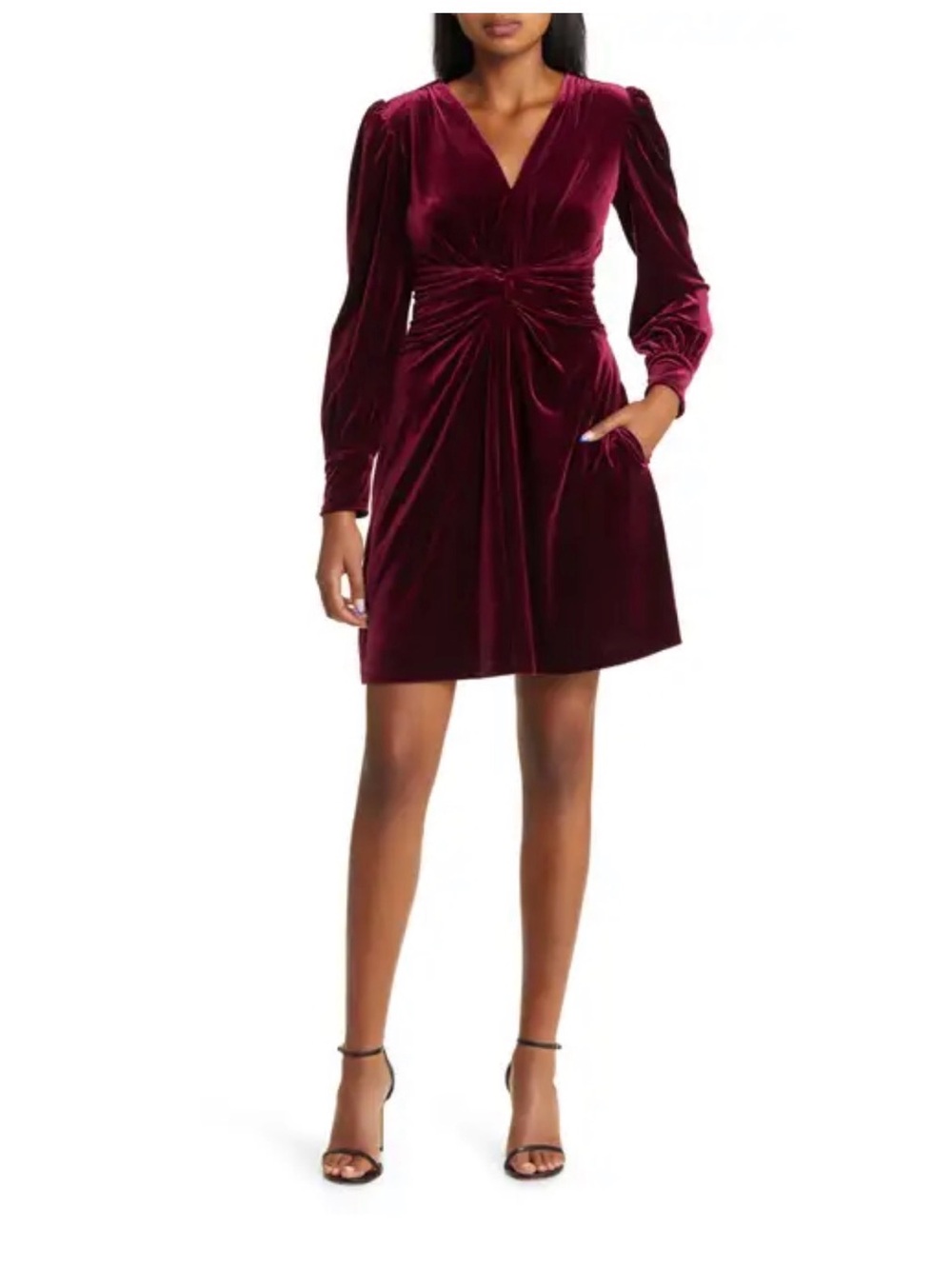 Vince Camuto Burgundy Velvet Twist-Front V-Neck Mini Dress